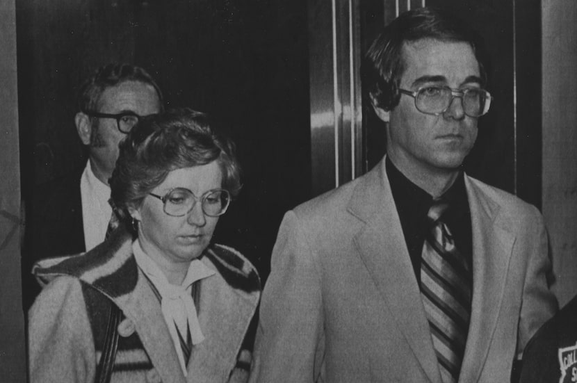 Candy Montgomery and her husband, Pat, leave an elevator in the Collin County Courthouse in...