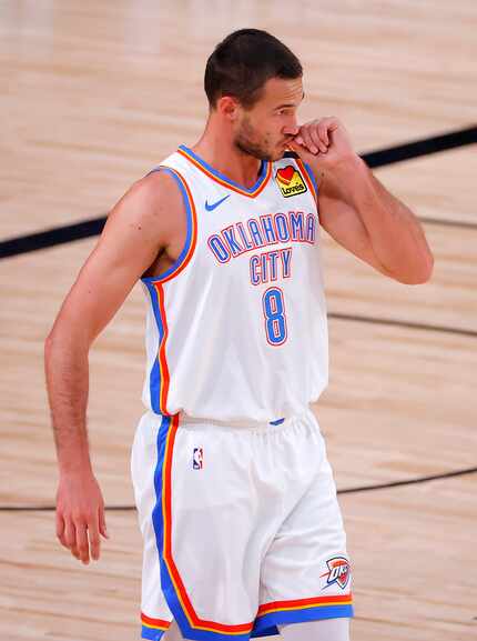 Oklahoma City Thunder's Danilo Gallinari reacts after his three-point basket during the...