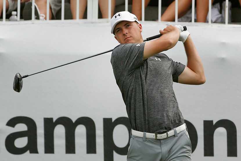 Jordan Spieth tees off on the 10th hole during the first round of the BMW Championship golf...