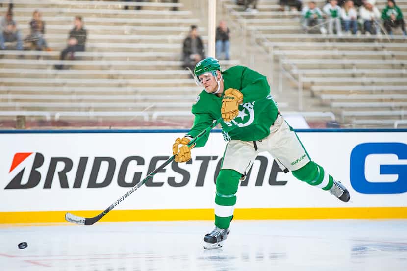 Dallas Stars right wing Corey Perry (10) shoots the puck during a practice leading up to the...