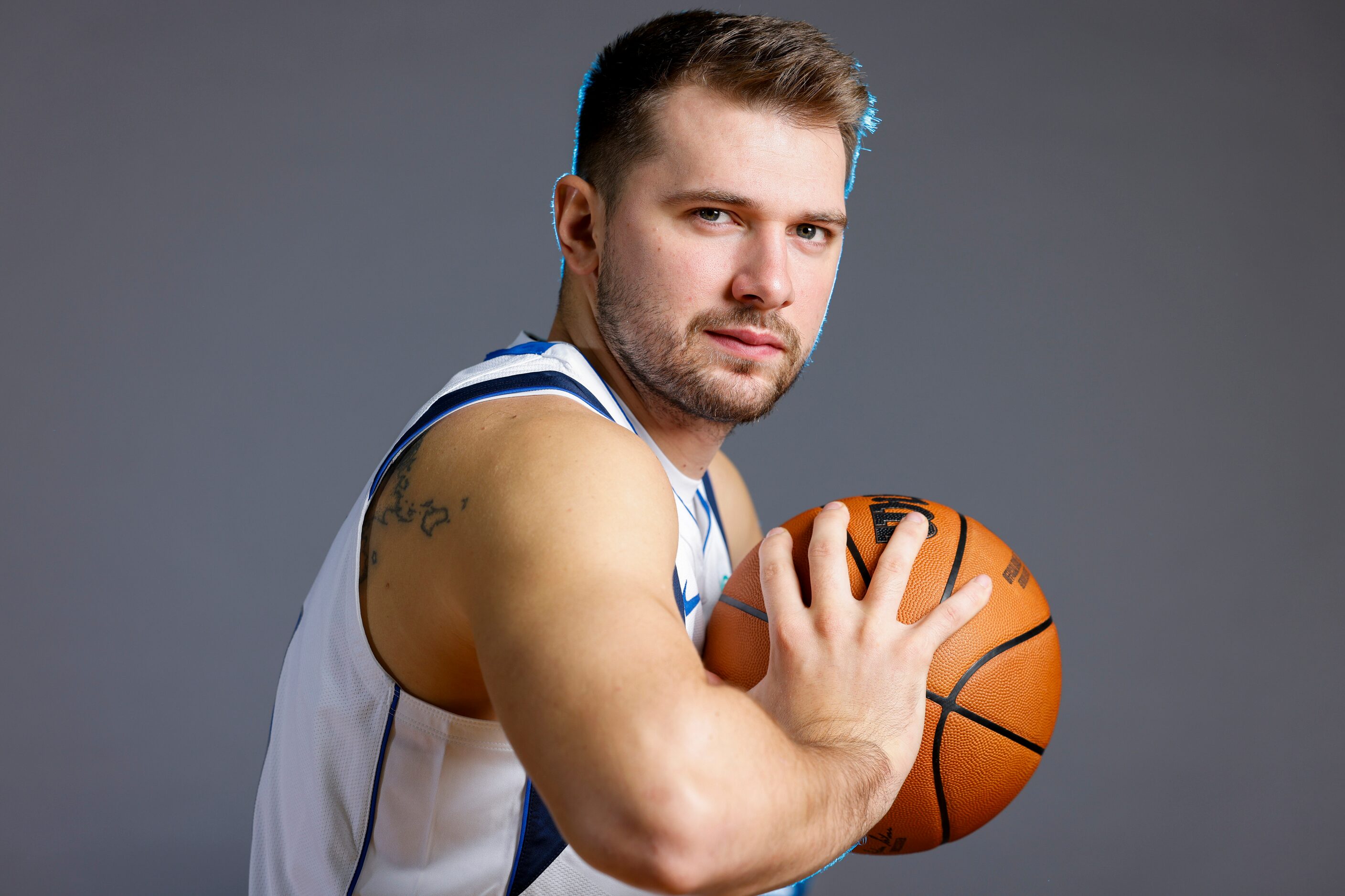 Dallas Mavericks point guard Luka Doncic poses for a photo during the media day on Friday,...