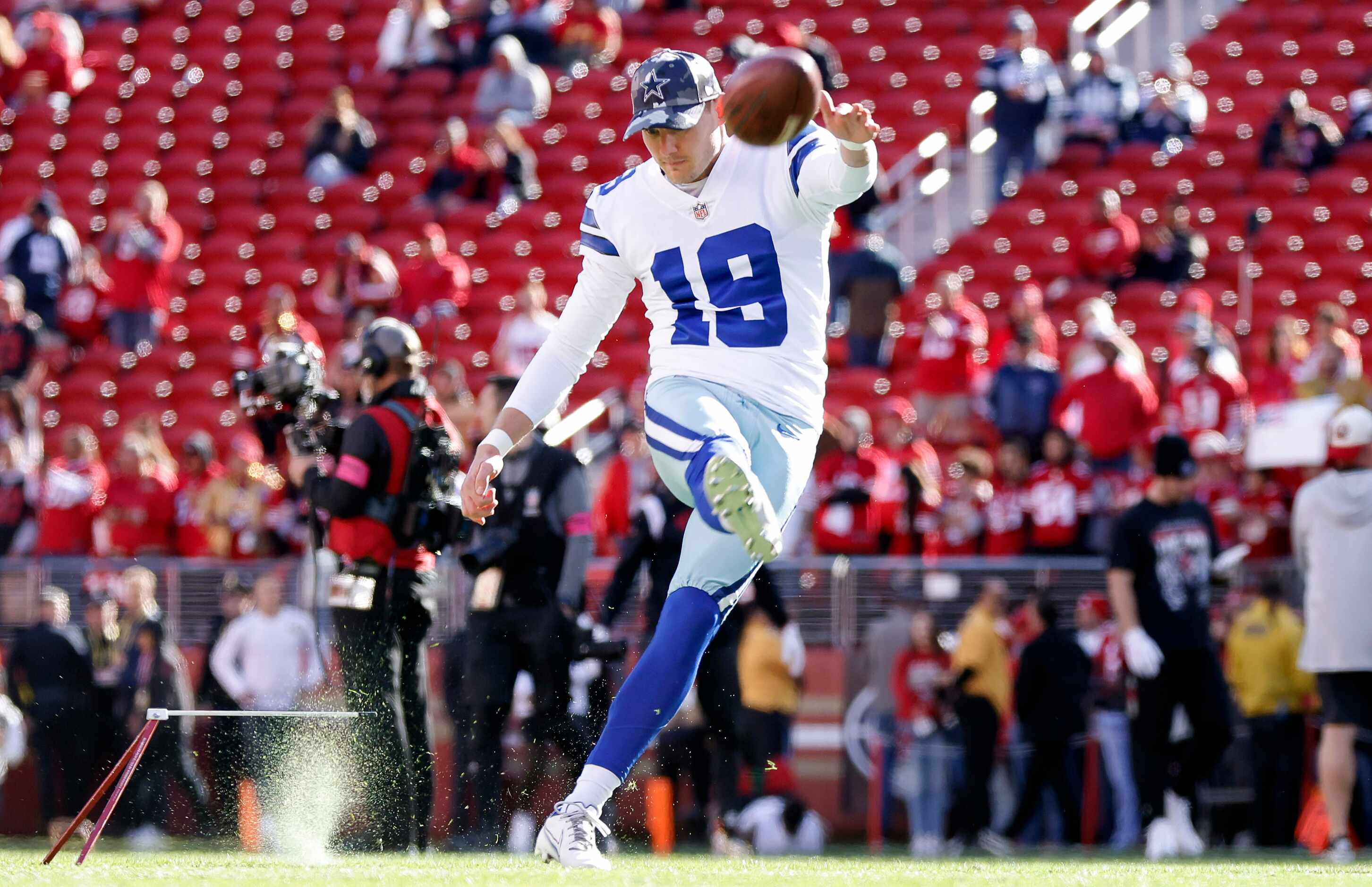 Dallas Cowboys place kicker Brett Maher (19) practices his kicks during pregame warmups...