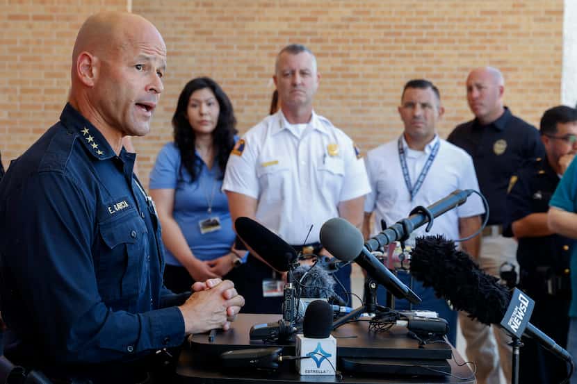 Dallas police Chief Eddie García addresses reporters during a press conference about active...