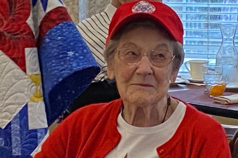 Betty Krause, 94, wears her Honor Quilt and Women Veterans of America cap.