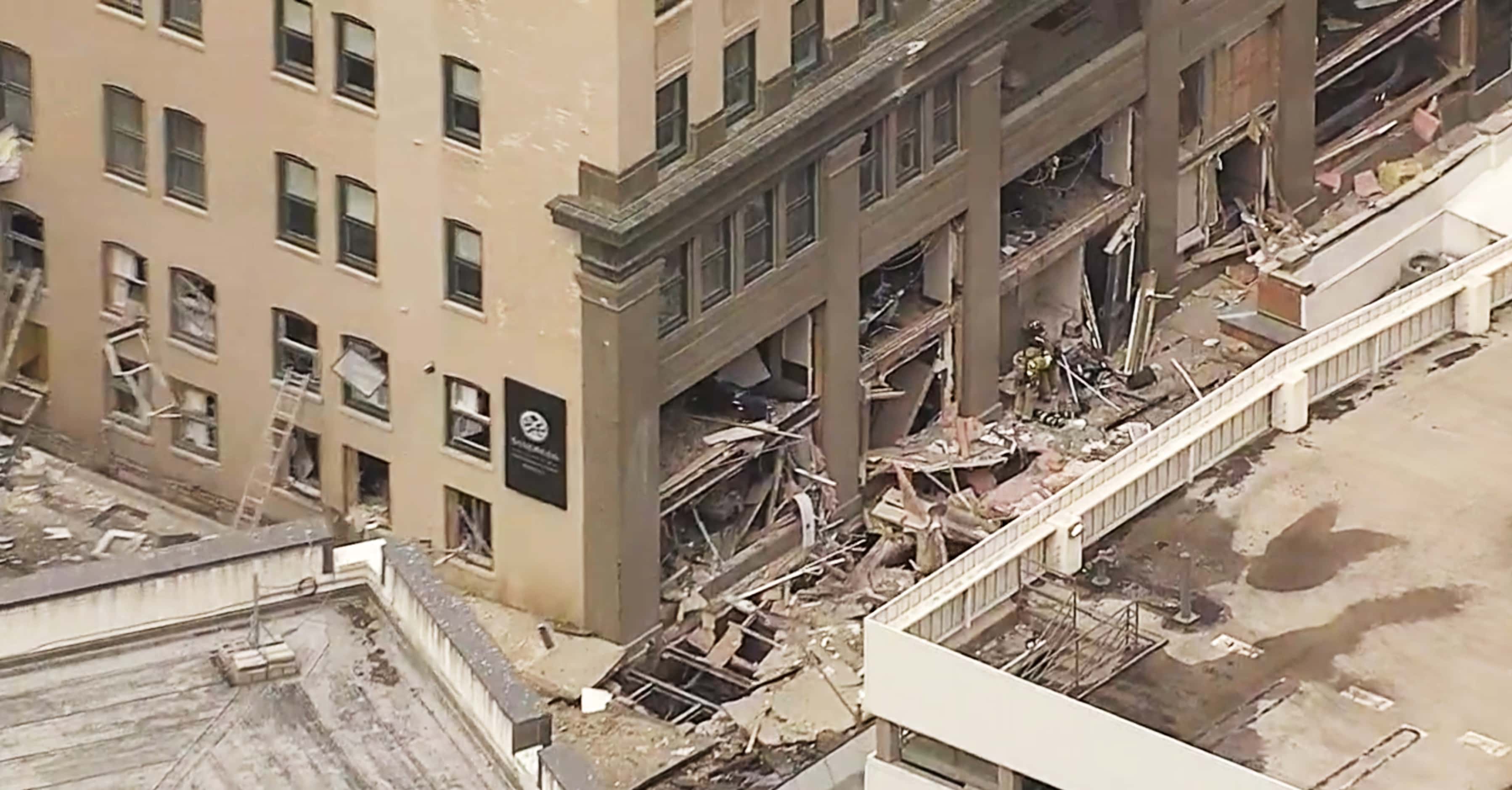 A framegrab from NBC5 over the scene of an explosion that happened because of a suspected...