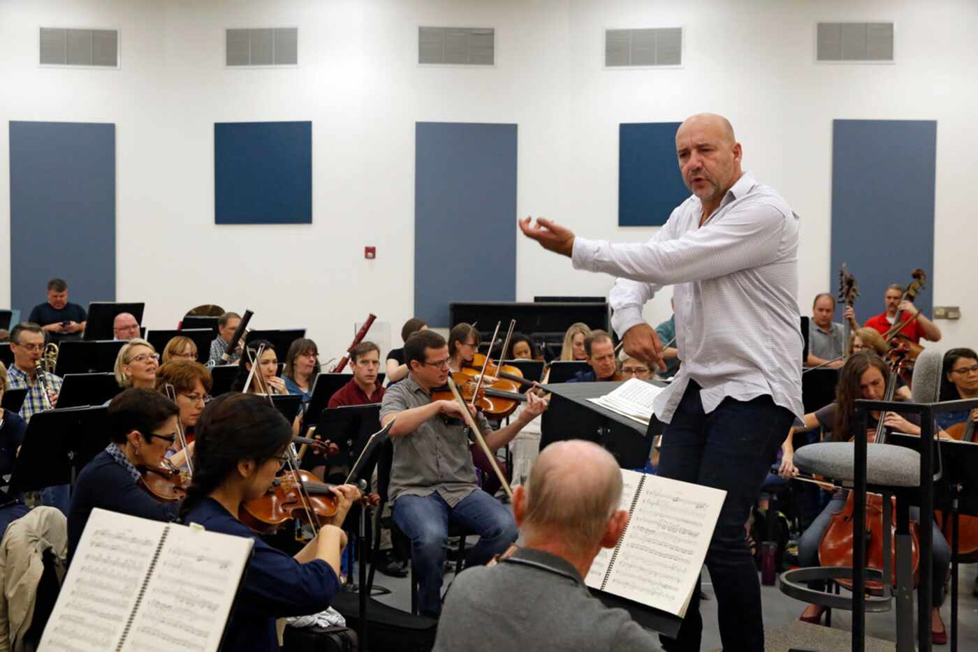Dallas Opera music director Emmanuel Villaume conducts during a rehearsal of Carmen at the...