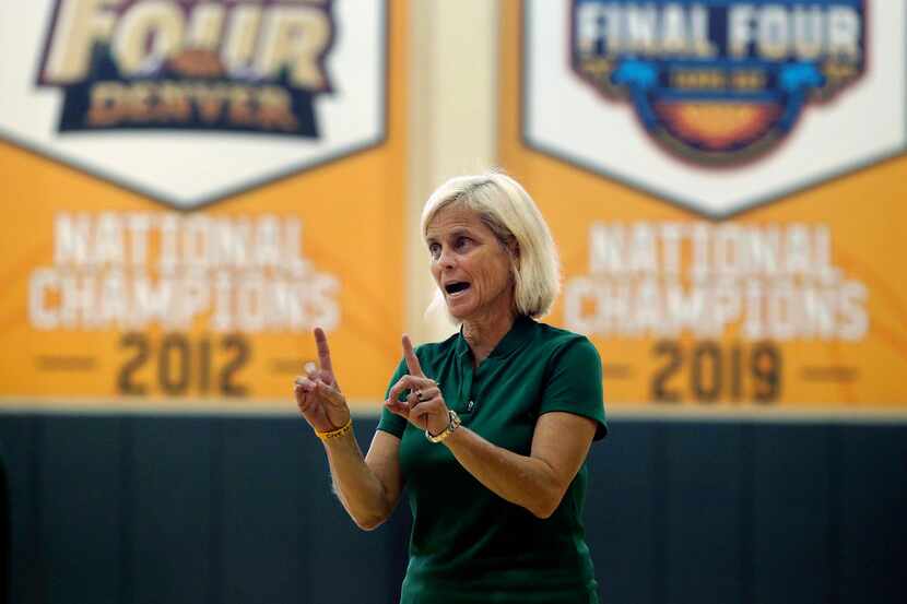 Baylor women's head coach Kim Mulkey instructs her players on the first day of NCAA college...