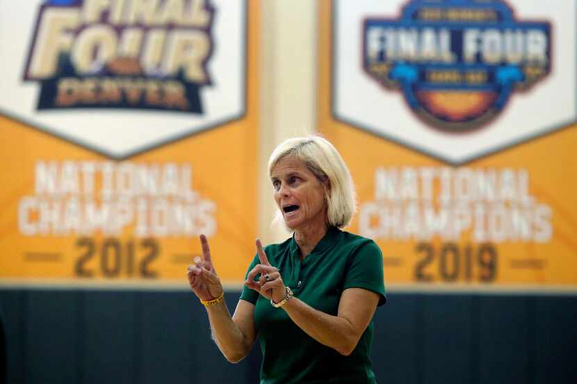 Baylor women's head coach Kim Mulkey instructs her players on the first day of NCAA college...
