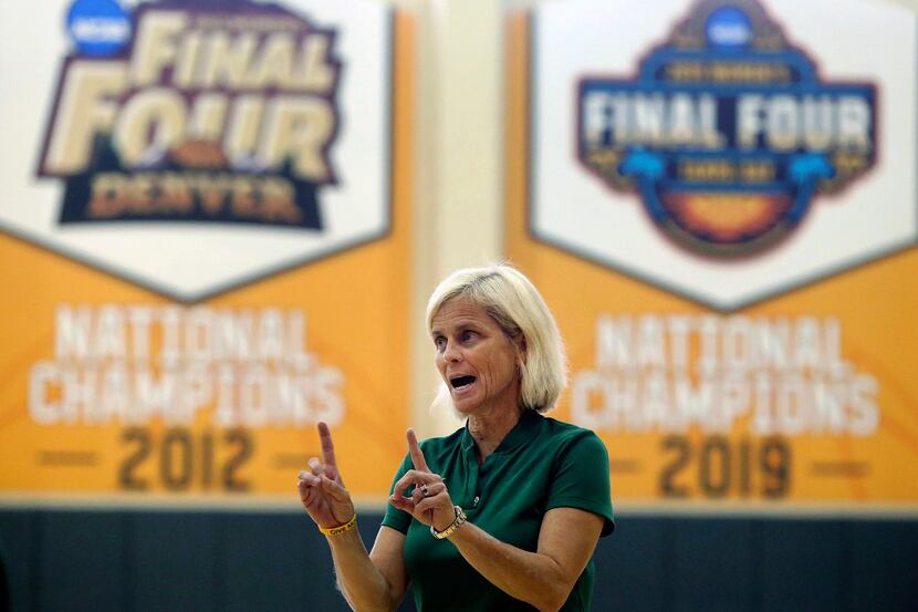 Baylor women's head coach Kim Mulkey instructs her players on the first day of NCAA college...