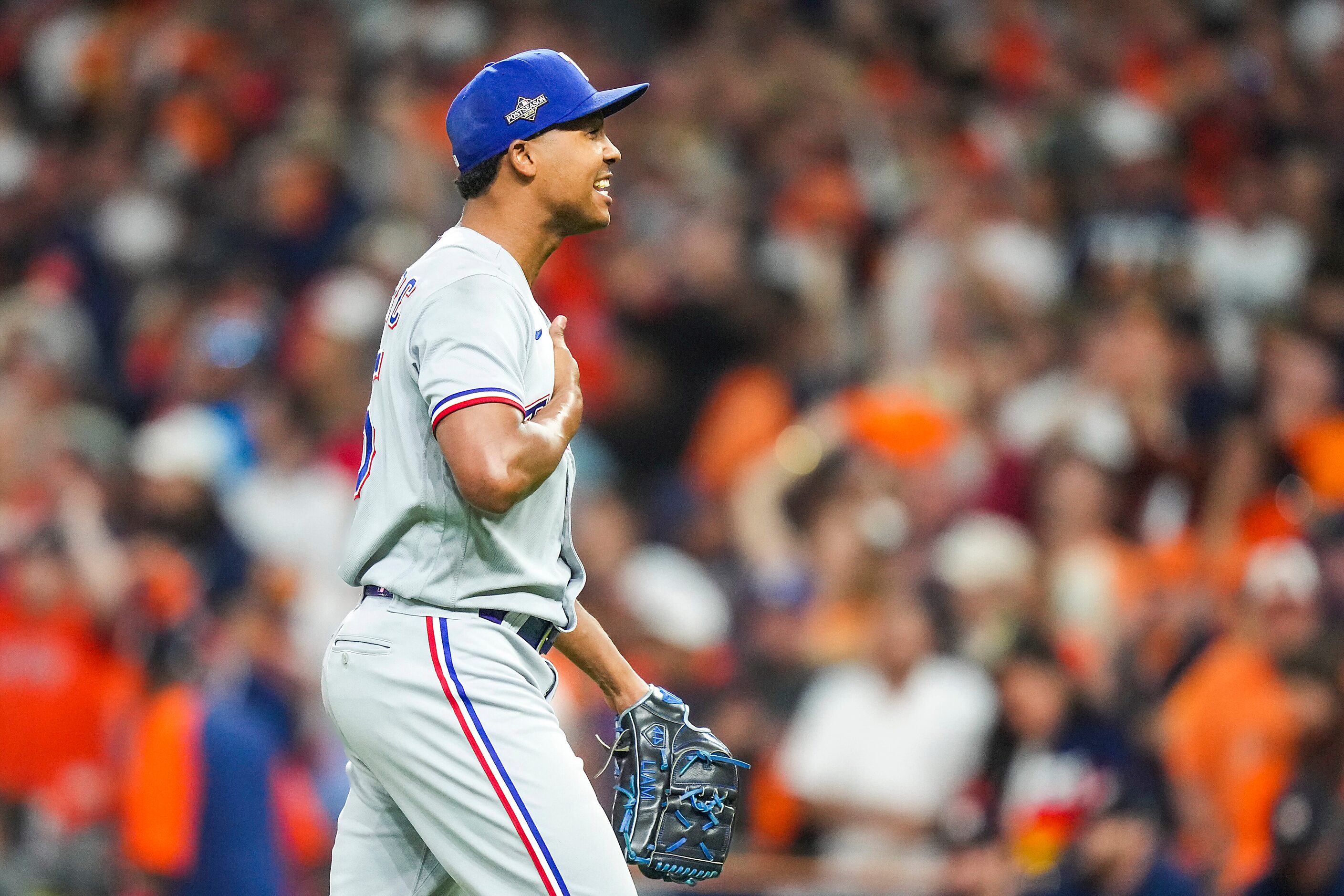 Texas Rangers relief pitcher Jose Leclerc celebrates the final out of a 5-4 victory over the...