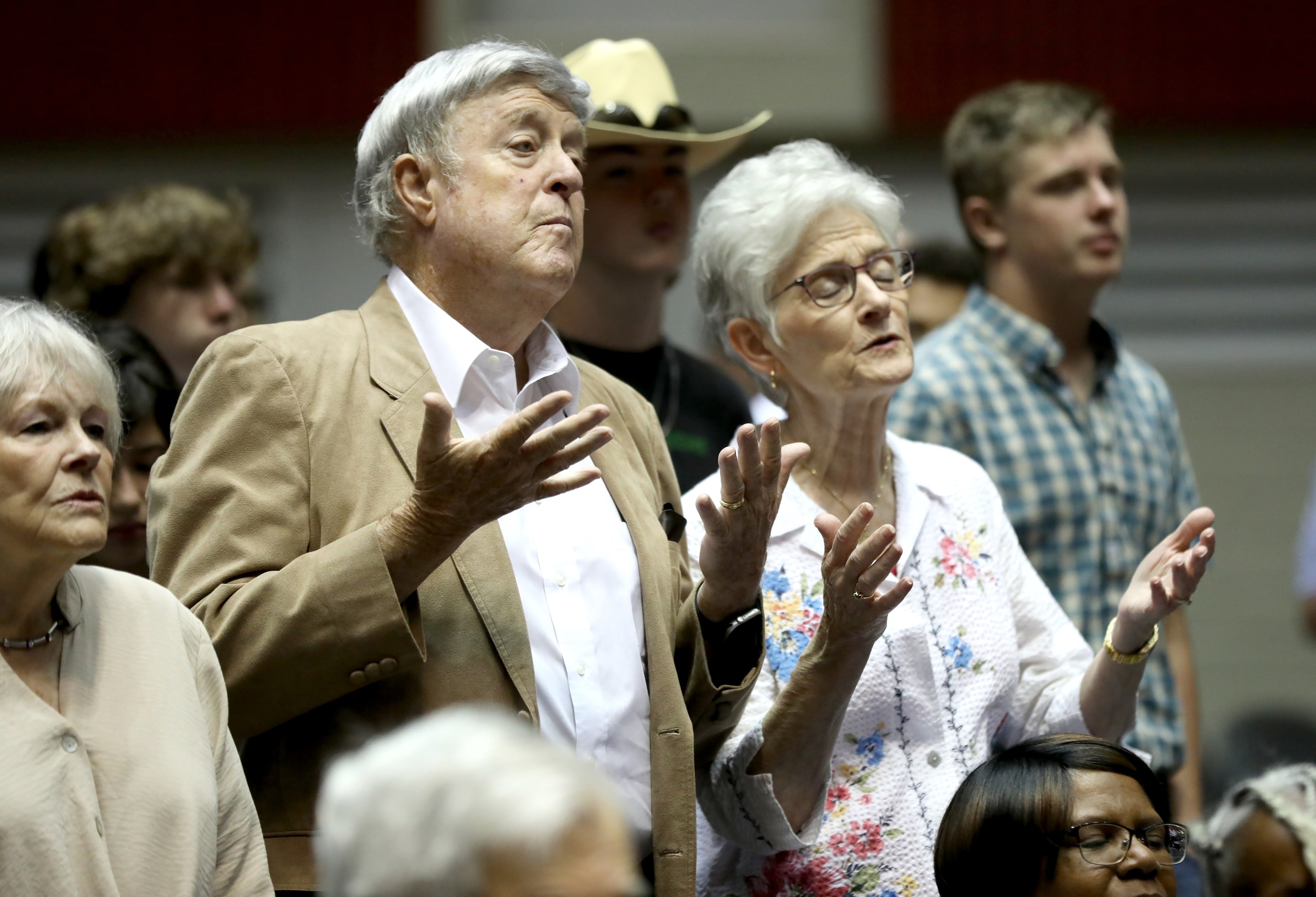 First Baptist Church members participate in Sunday service held at the Dallas Convention...