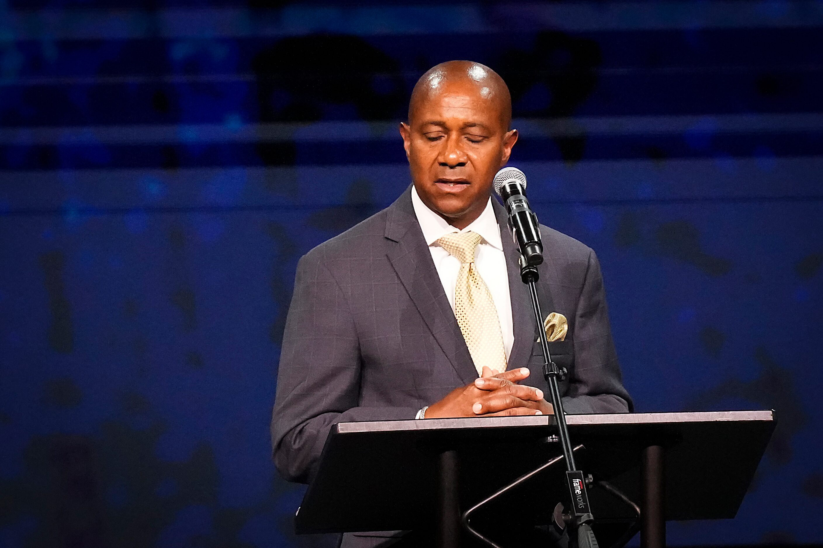 Allen Mayor-elect Baine Brooks speaks during a vigil at Cottonwood Creek Church a day after...