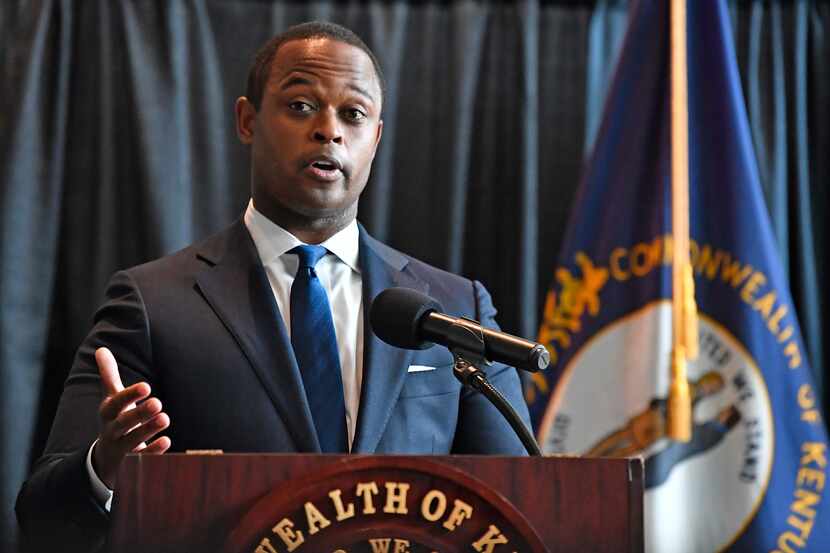 Kentucky Attorney General Daniel Cameron addresses the media on Sept. 23, after grand jurors...