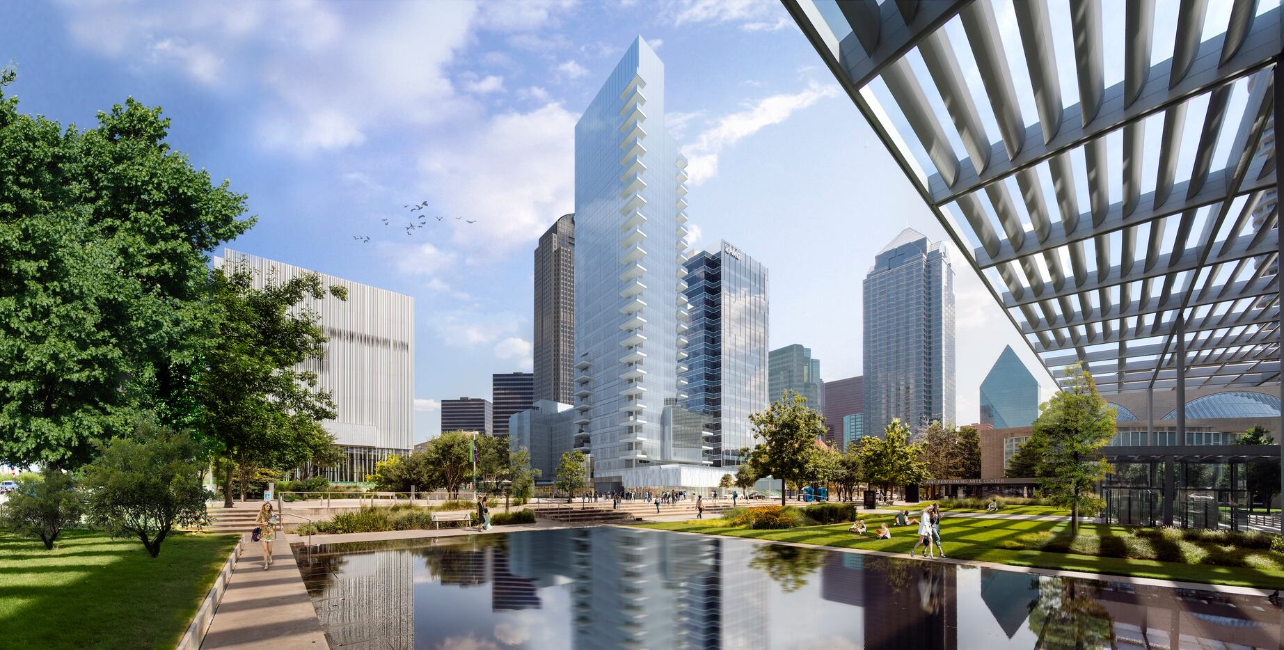 The 28-story high-rise is in downtown Dallas' Arts District.