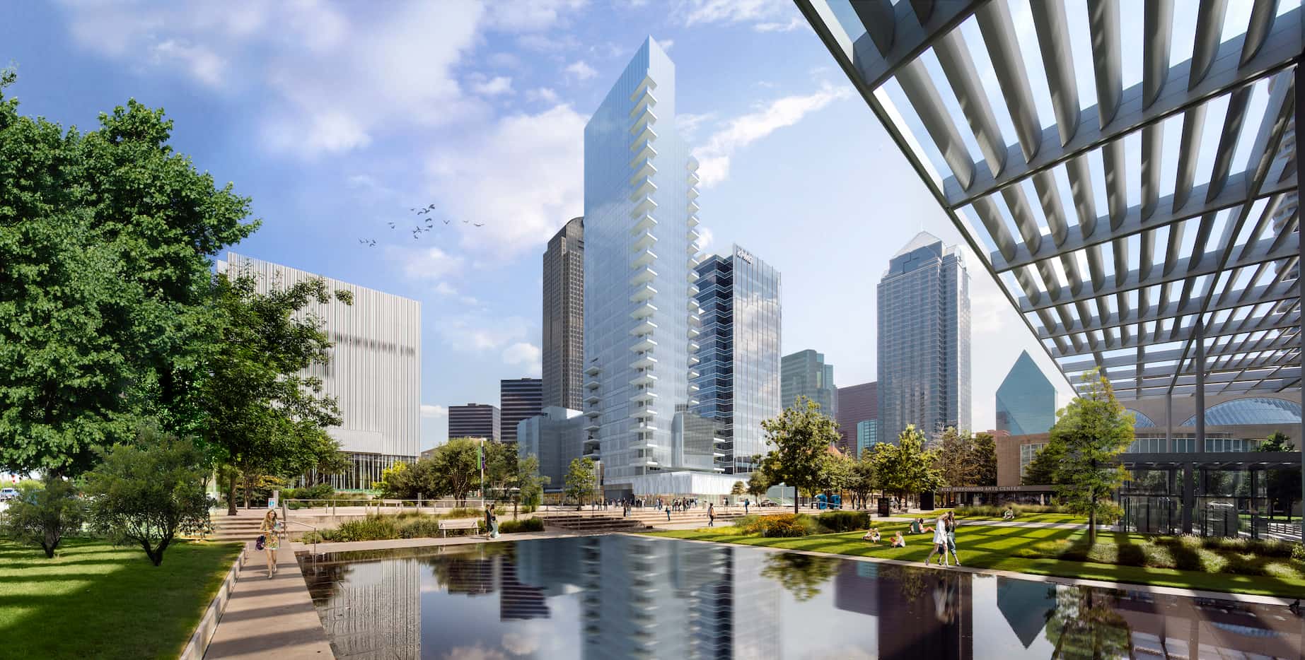 The 28-story high-rise is in downtown Dallas' Arts District.
