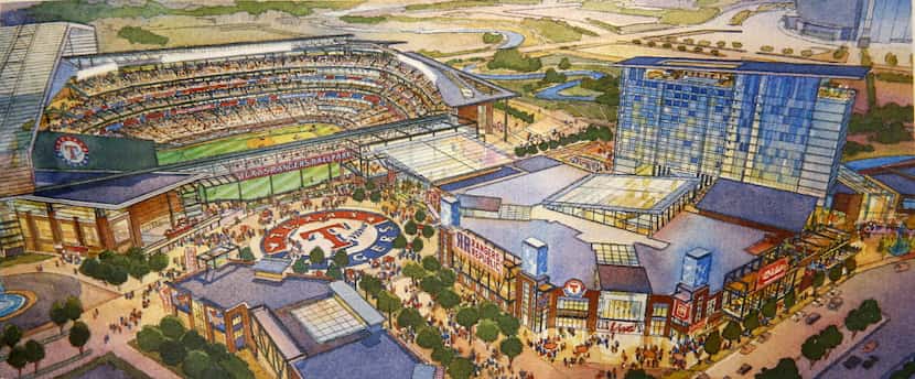 An artist rendering shows plans for a new Texas Rangers baseball stadium and the planned...