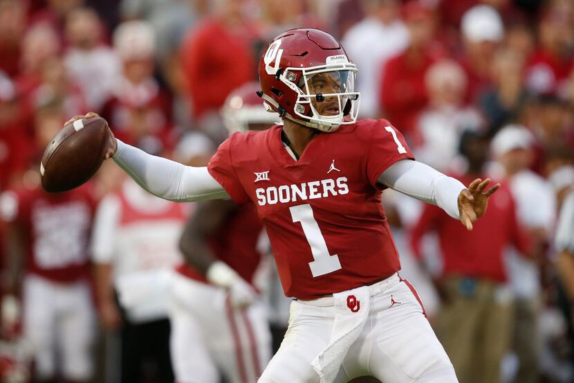 FILE - In this Sept. 22, 2018, file photo, Oklahoma quarterback Kyler Murray (1) throws in...