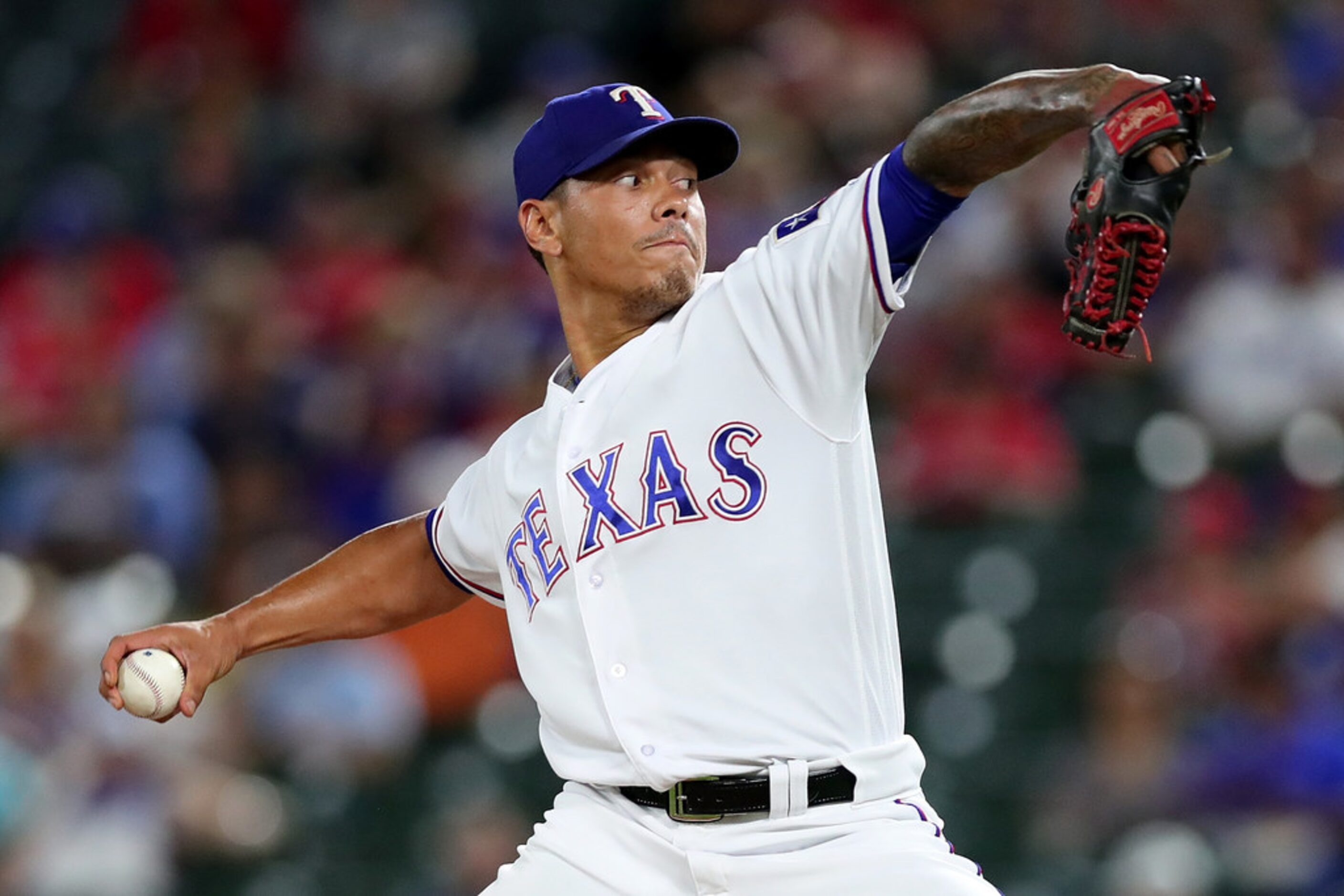 ARLINGTON, TX - JUNE 25:  Keone Kela #50 of the Texas Rangers pitches against the San Diego...