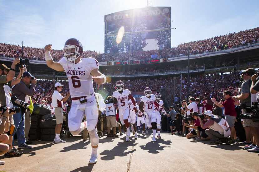 Oklahoma quarterback Baker Mayfield (6) takes the field before the 2015 Red River Showdown...