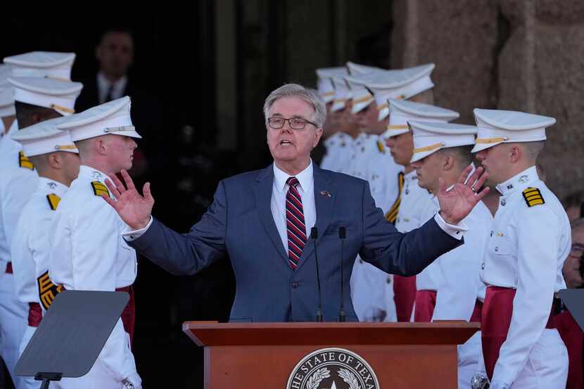 Texas Lt. Gov. Dan Patrick speaks on the steps of the Texas Capitol after he was sworn in to...