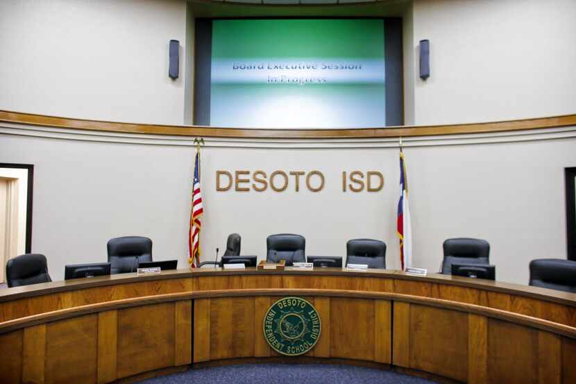 The DeSoto ISD board room sits vacant as trustees have a closed session in another room at...