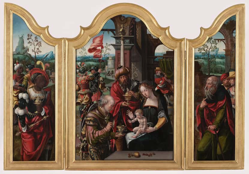 The patrons and saints in Pieter Coecke van Aelst's "Triptych with the Adoration of the...