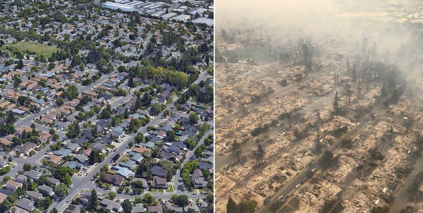 The Coffey Park subdivision in Santa Rosa, Calif., is seen before, left, and after wildfires...