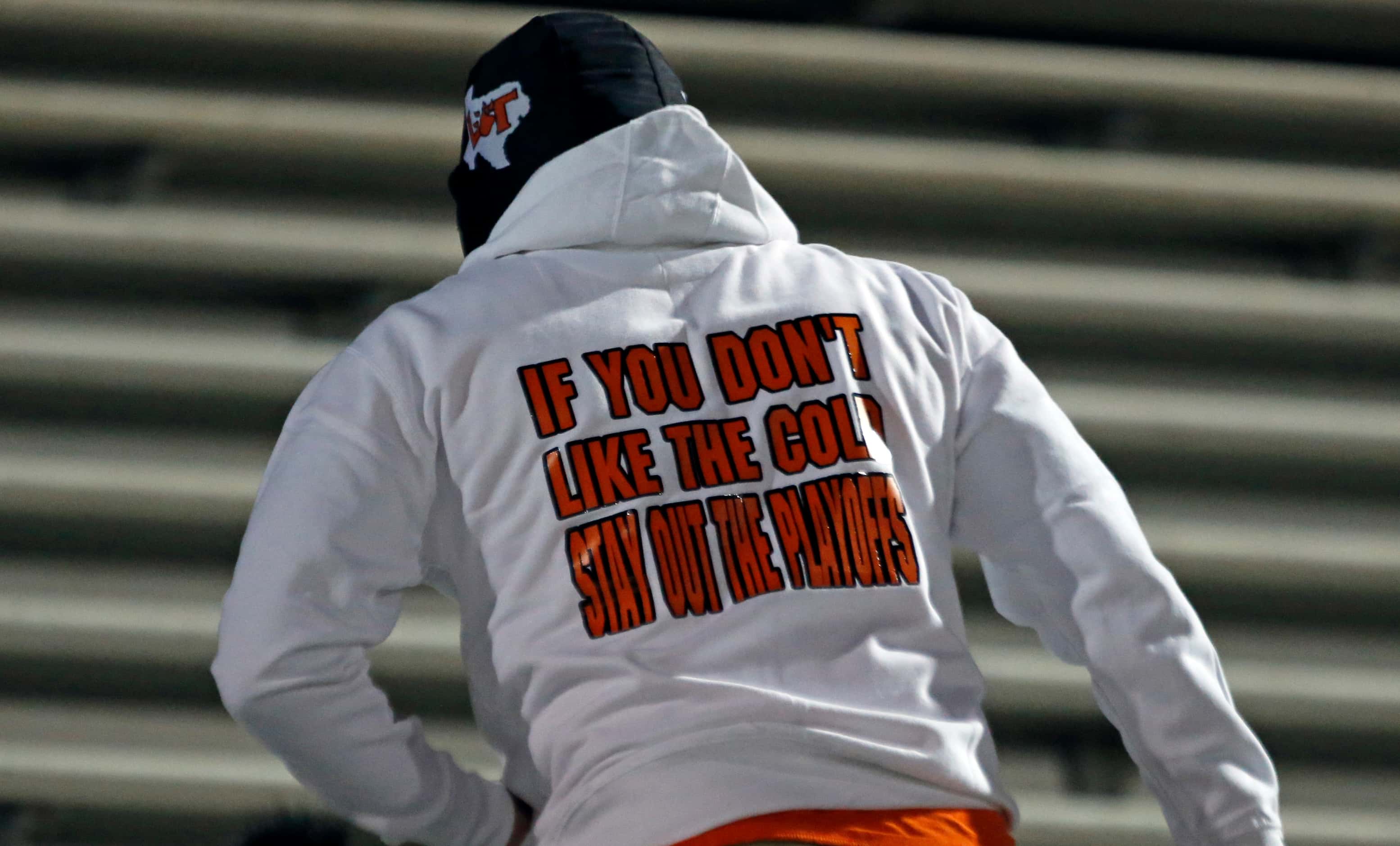 A Lancaster fan sport a hoodie that reads “If you don’t like the cold stay out of the...