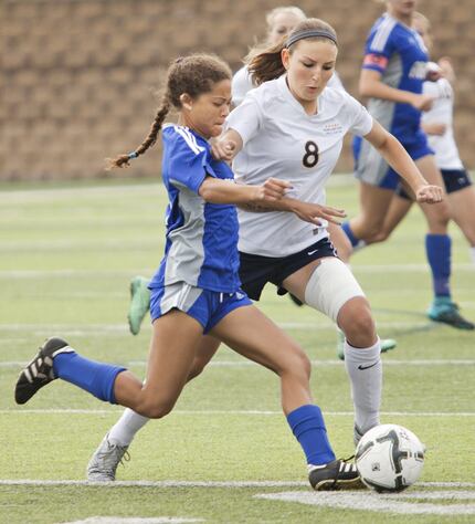 FILE - Highland Park player Rachel Wasserman (8) works to get to the ball against San...