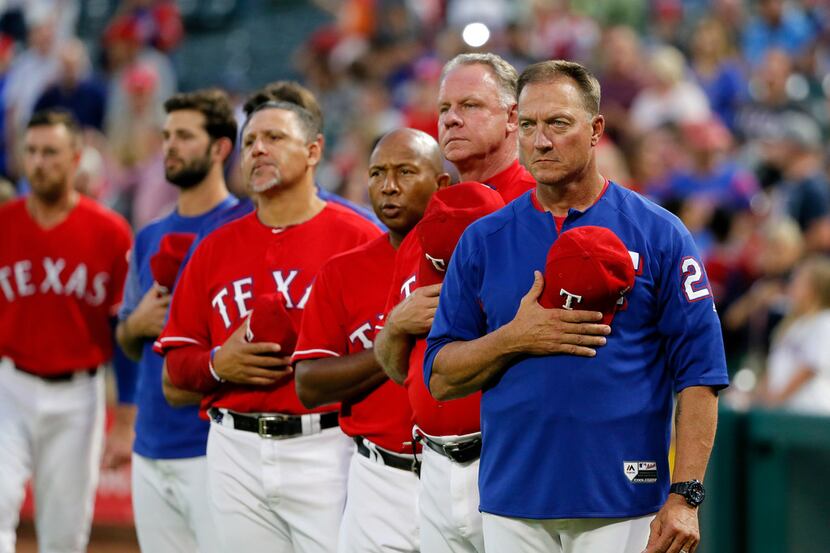 FILE- In this Thursday, Sept. 28, 2017, file photo, Texas Rangers manager Jeff Banister,...
