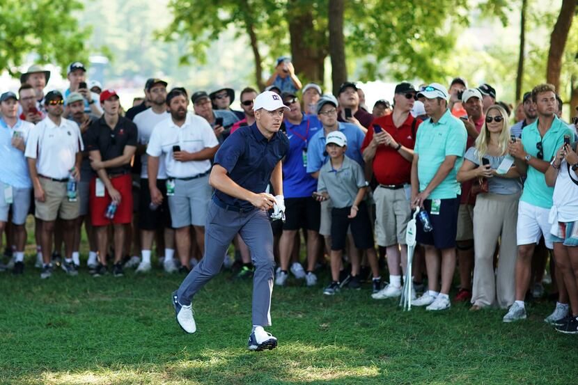 ST LOUIS, MO - AUGUST 10:  Jordan Spieth of the United States jogs on the 15th hole during...
