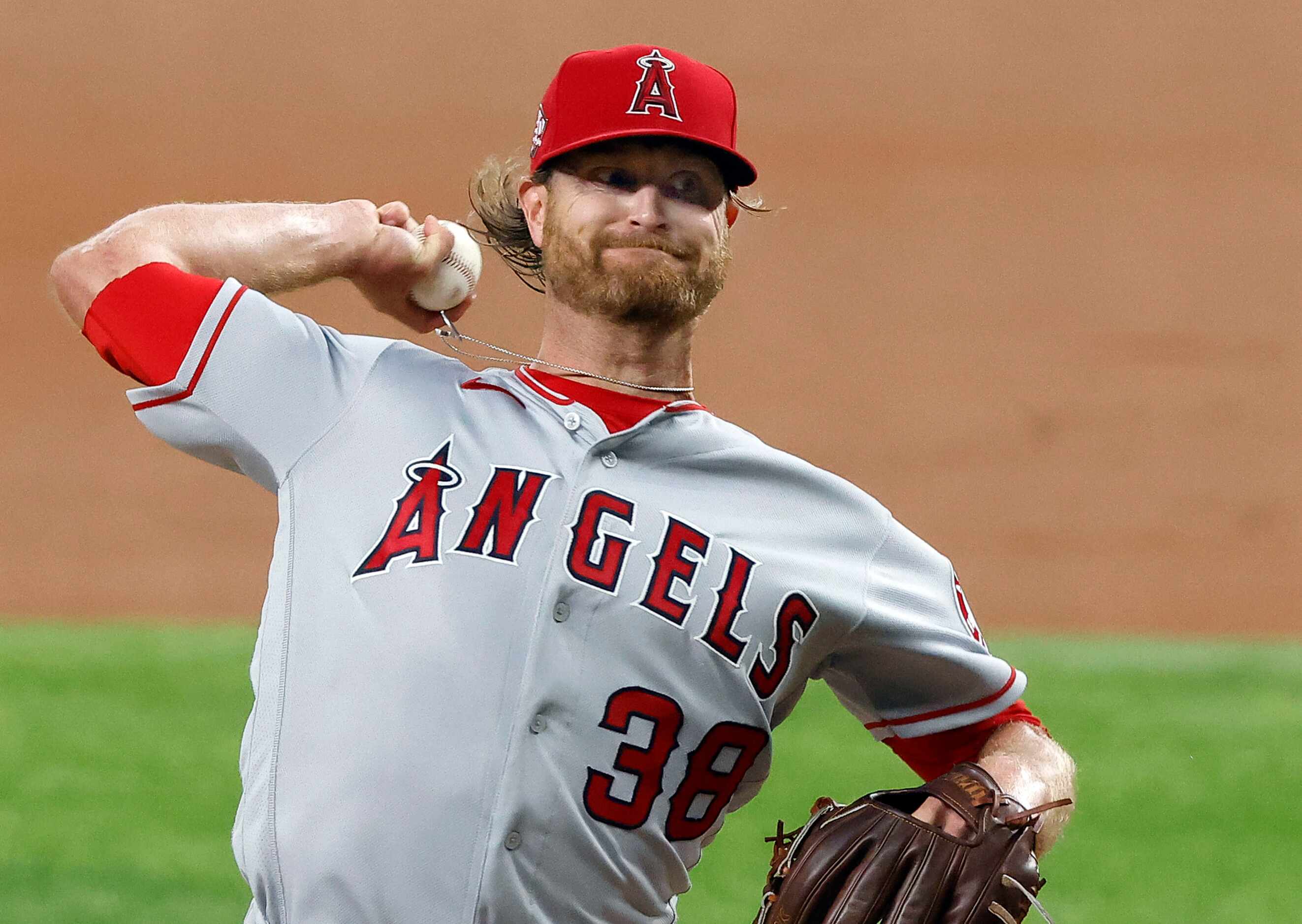 Los Angeles Angels starting pitcher Alex Cobb (38) throws against the Texas Rangers during...