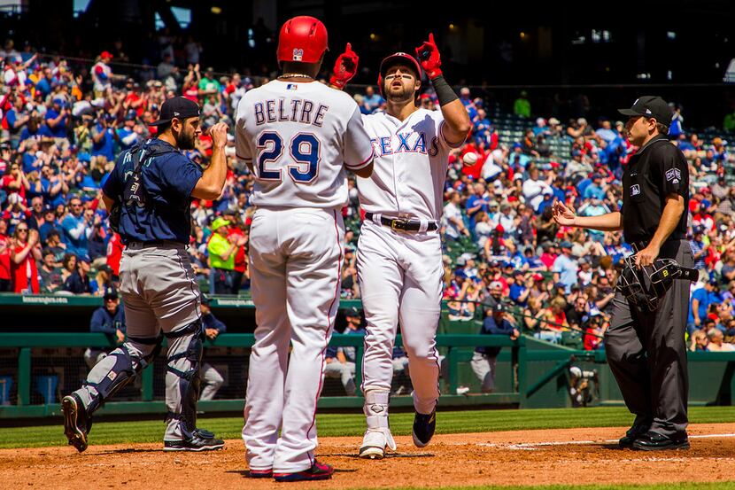 Texas Rangers first baseman Joey Gallo  celebrates with third baseman Adrian Beltre after...