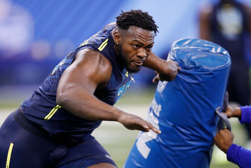 INDIANAPOLIS, IN - MARCH 05: Defensive lineman Larry Ogunjobi of Charlotte participates in a...