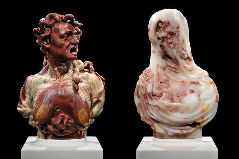 In the second pairing of "Envy" and "Purity," Barry X Ball placed deep cuts into the marble...