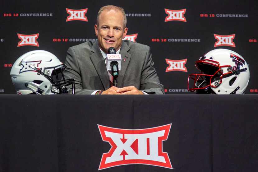 Texas Tech University head football coach Matt Wells speaks during the Big 12 Conference...