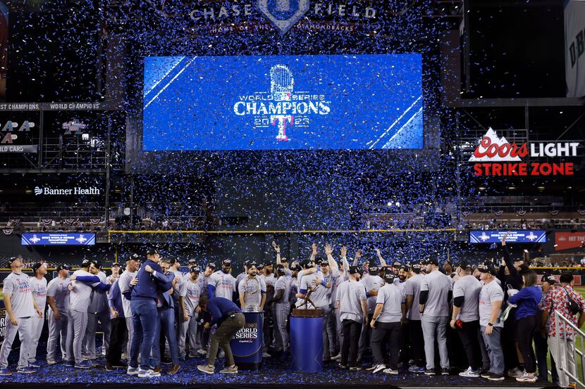 The Texas Rangers baseball organization celebrates their World Series win over the Arizona...