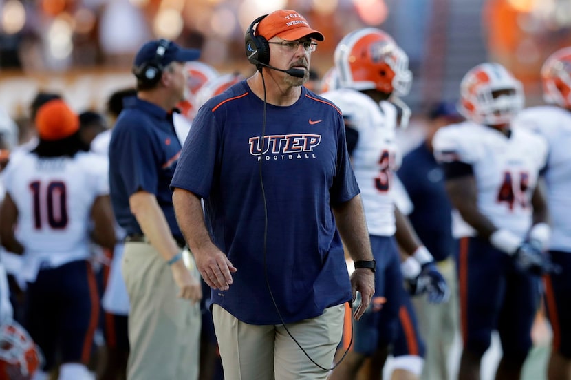 FILE - In this Sept. 10, 2016, file photo, UTEP head coach Sean Kugler watches during the...