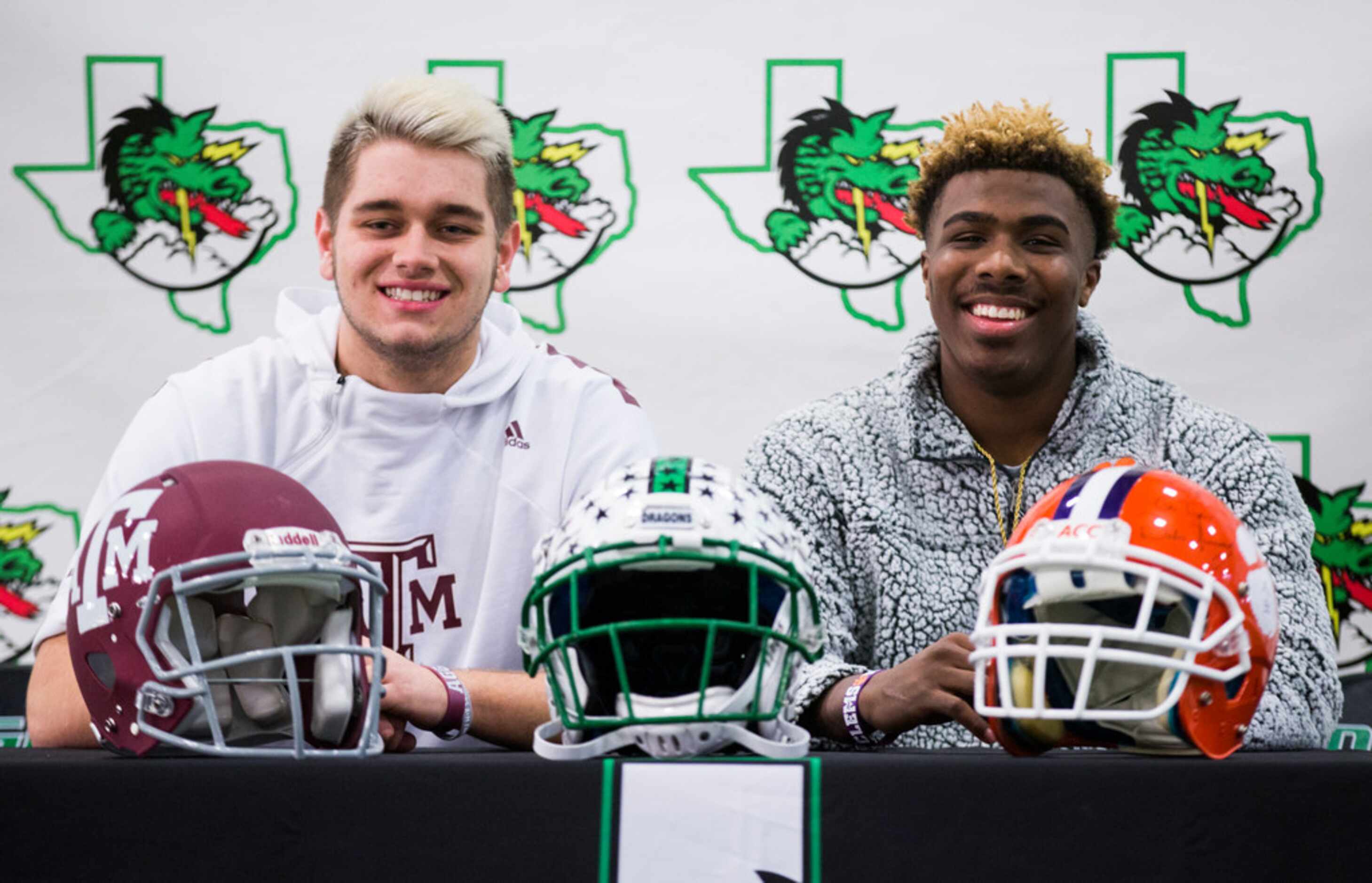 Southlake Carroll football players Blake Smith (left) and RJ Mickens pose for a photo after...
