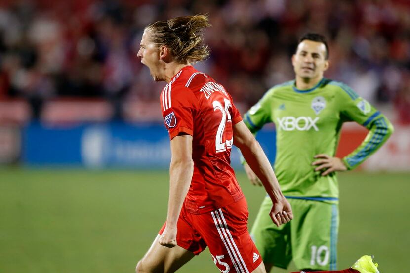 FC Dallas defender Walker Zimmerman (25) reacts to scoring the teams second goal as Seattle...
