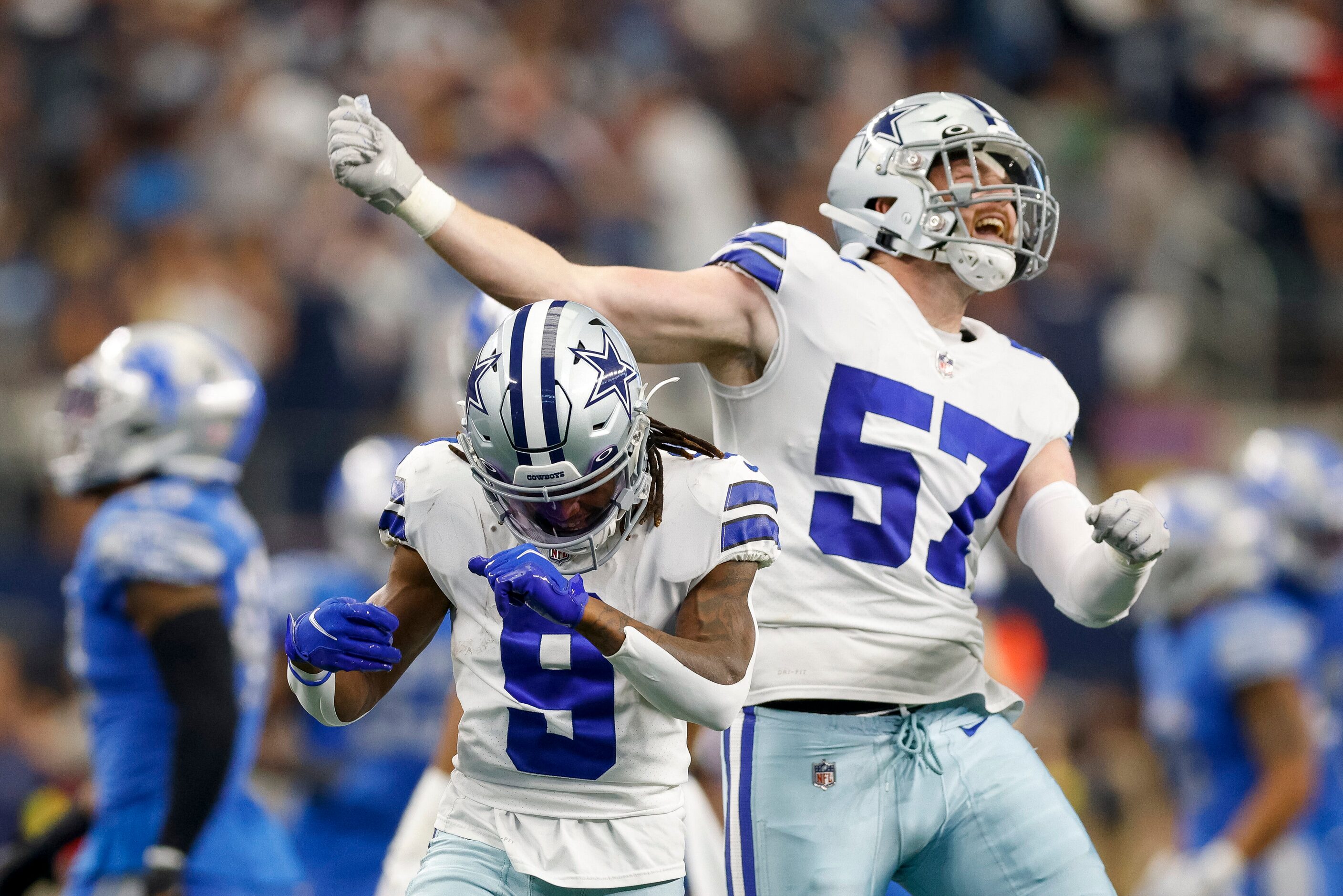 Dallas Cowboys linebacker Luke Gifford (57) celebrates a 52-yard punt return by wide...