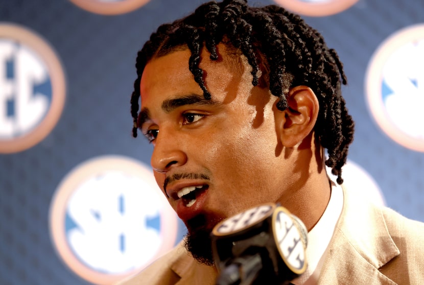 Texas A&M linebacker Taurean York answers a question from a media member during an interview...