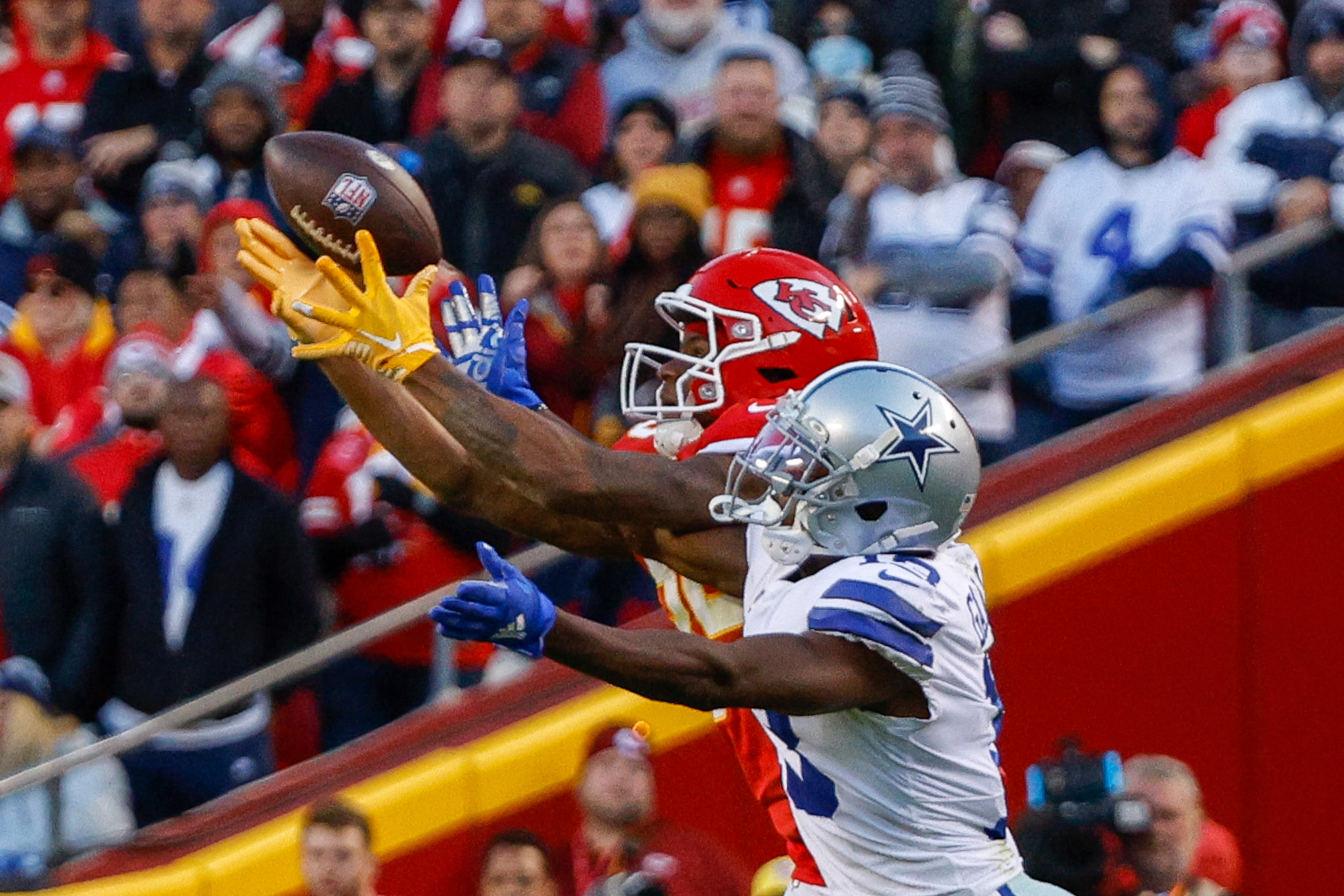 Kansas City Chiefs cornerback Charvarius Ward (35) breaks up a pass intended for Dallas...