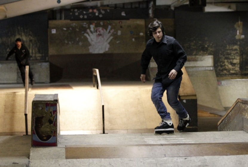 Fritz Peitzner (right) and Josh Navarifar, both of Plano, skate at Eisenbergs Skate Park in...