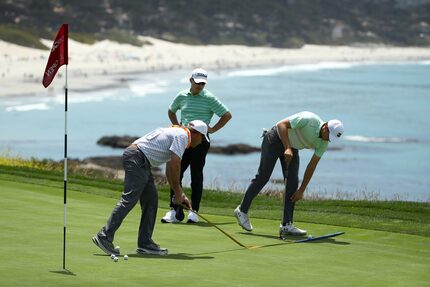 PEBBLE BEACH, CALIFORNIA - JUNE 10: Jordan Spieth plays the eighth green during a practice...