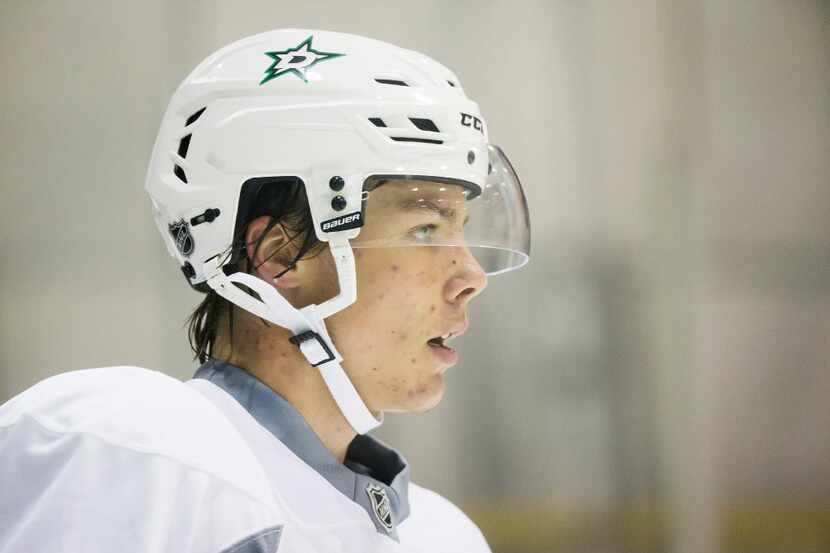 Defenseman Miro Heiskanen participates in a drill on the first day of Dallas Stars...