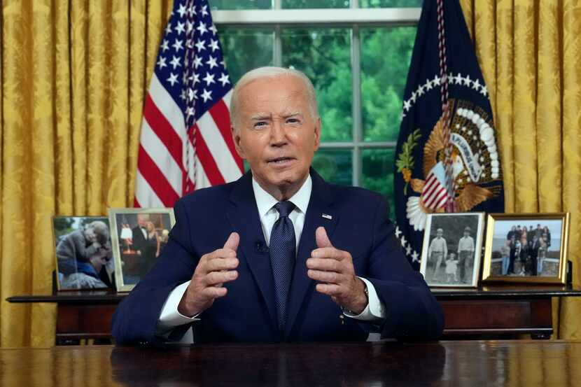 President Joe Biden addresses the nation from the Oval Office of the White House in...