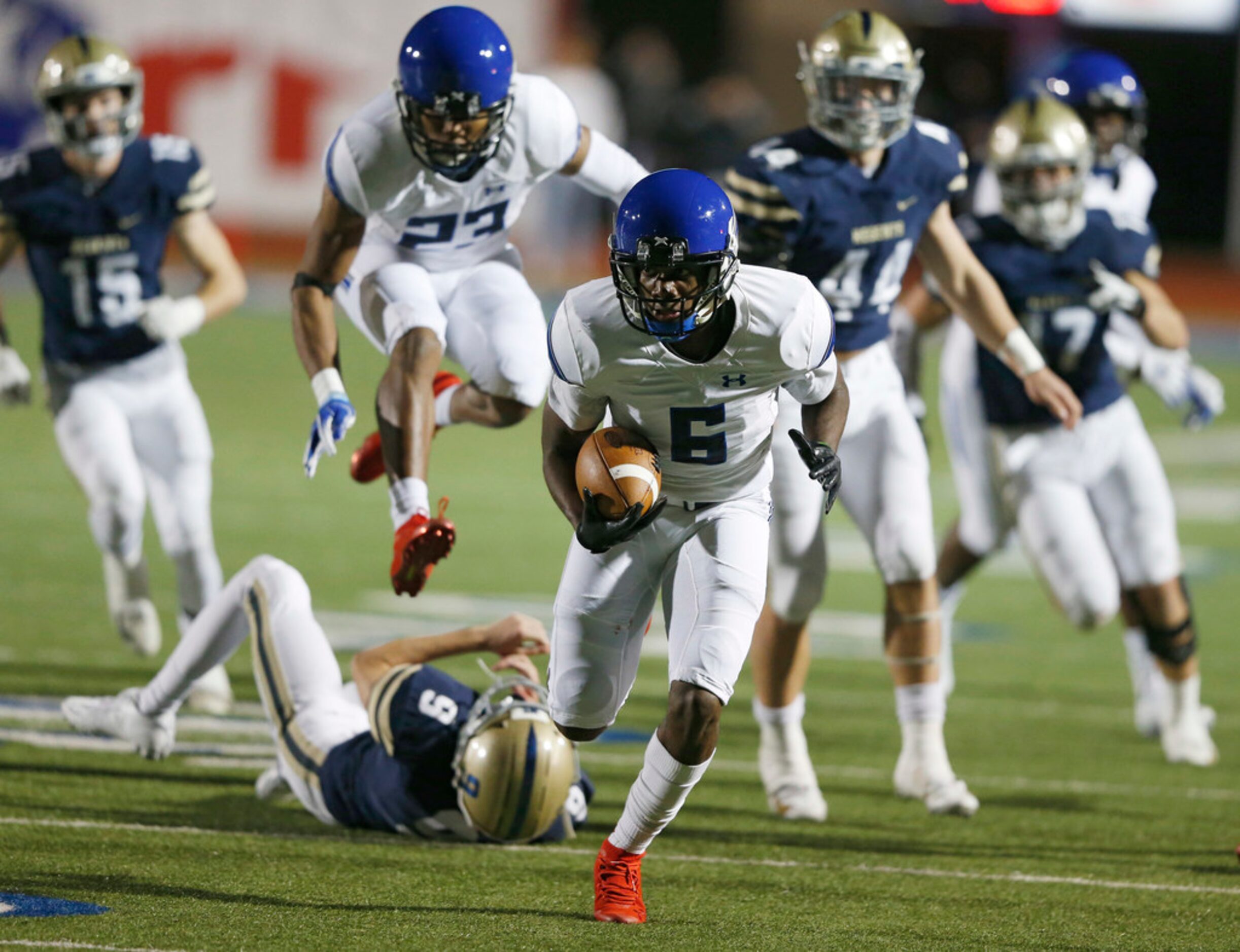 Trinity Christian's Cameron Wilson (6) runs up the field in a game against Austin Regents...