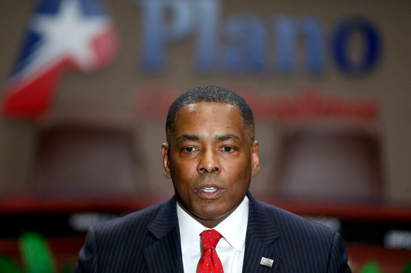 Mayor Harry LaRosiliere speaks during a news conference at Plano Municipal Center on Feb....