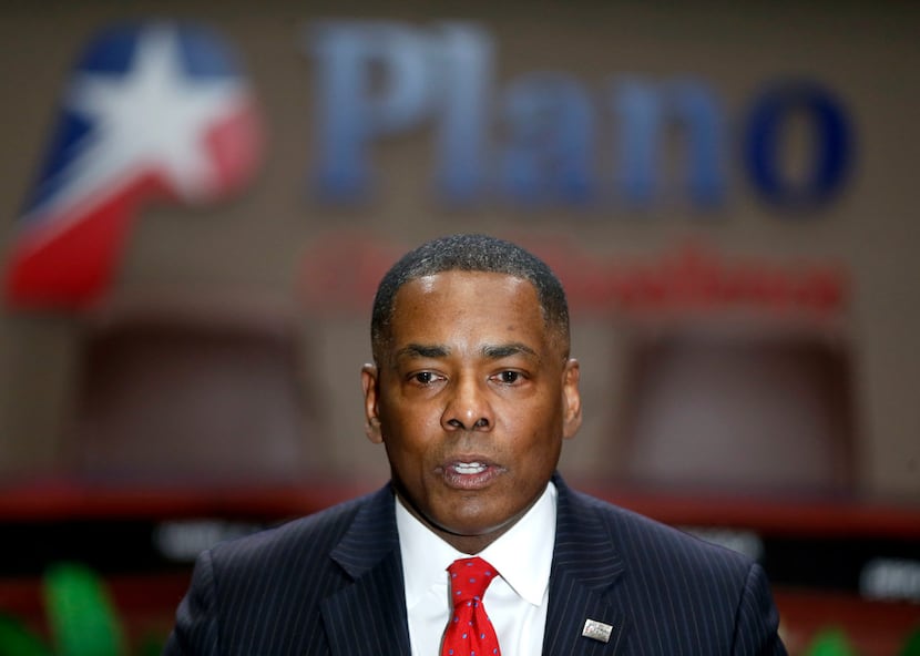 Mayor Harry LaRosiliere speaks during a news conference at Plano Municipal Center on Feb....